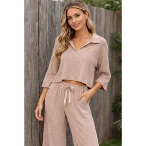 POL 2 Piece Lounge Set Women Size L Taupe Knit Crop Top Wide Leg Pants Satin Tie